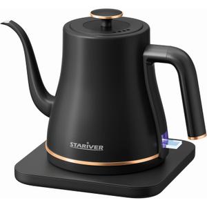 Stariver Gooseneck Electric Kettle, 0.8L Electric Tea Kettle Tea Pot, Pour Over Coffee Kettle with Stainless Steel Inner Lid & Bottom, Water Boiler with Auto Shut Off and Boil Dry Protection, Black (0.8 Quarts, Black-gold)