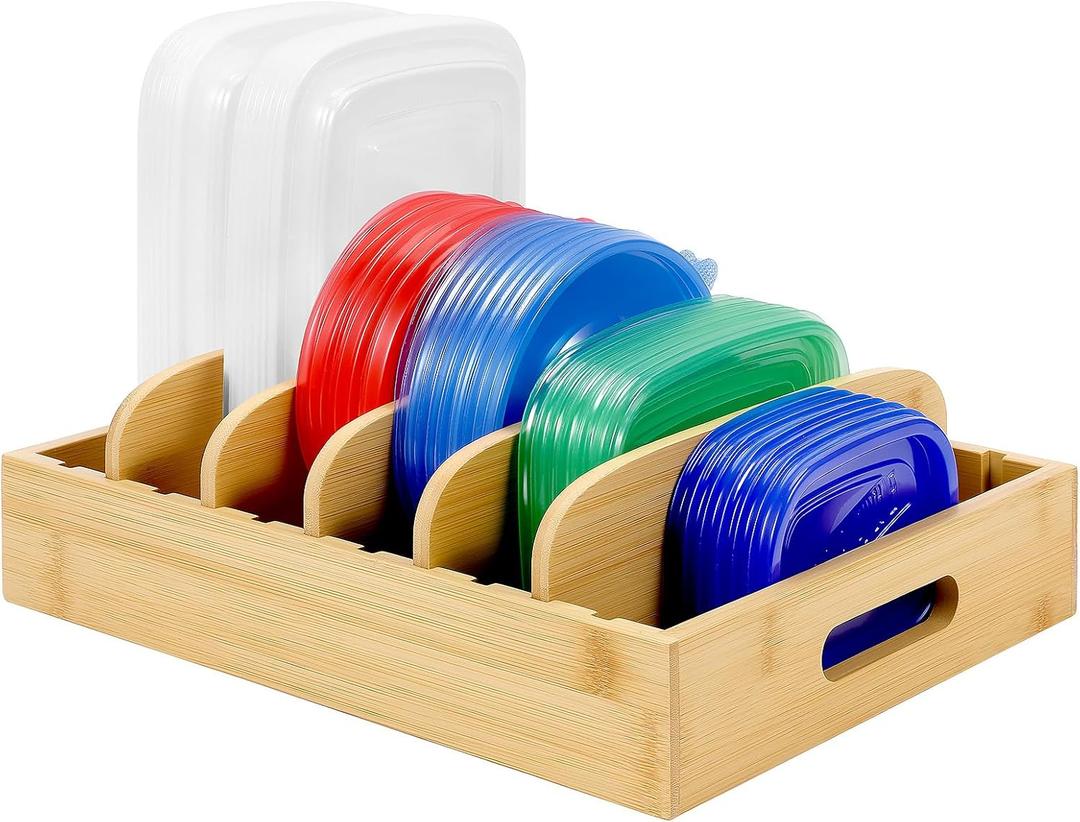 Bamboo Food Container Lids Organizer for Cabinet and Pantry, Wood Lids Holder with 5 Adjustable Dividers