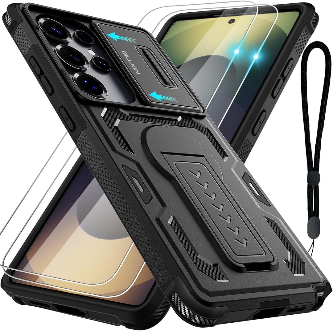 for Samsung Galaxy S25 Ultra Case with 2 Pack Screen Protectors, Slide Camera Cover, Kickstand & Lanyard Strap, 2-Layer Military Grade Heavy Duty Shockproof Rugged Protective Phone Case, Black