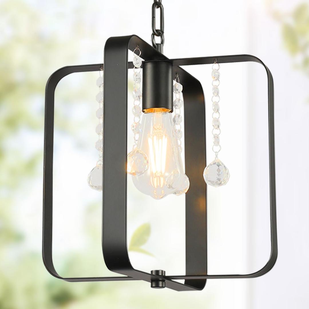 Farmhouse Crystal Chandelier,12 Inch Modern Geometric Rustic Vintage Hanging Pendant Ceiling Light Fixture for Dining Room Bedroom Kitchen Island Hallway Foyer Entryway