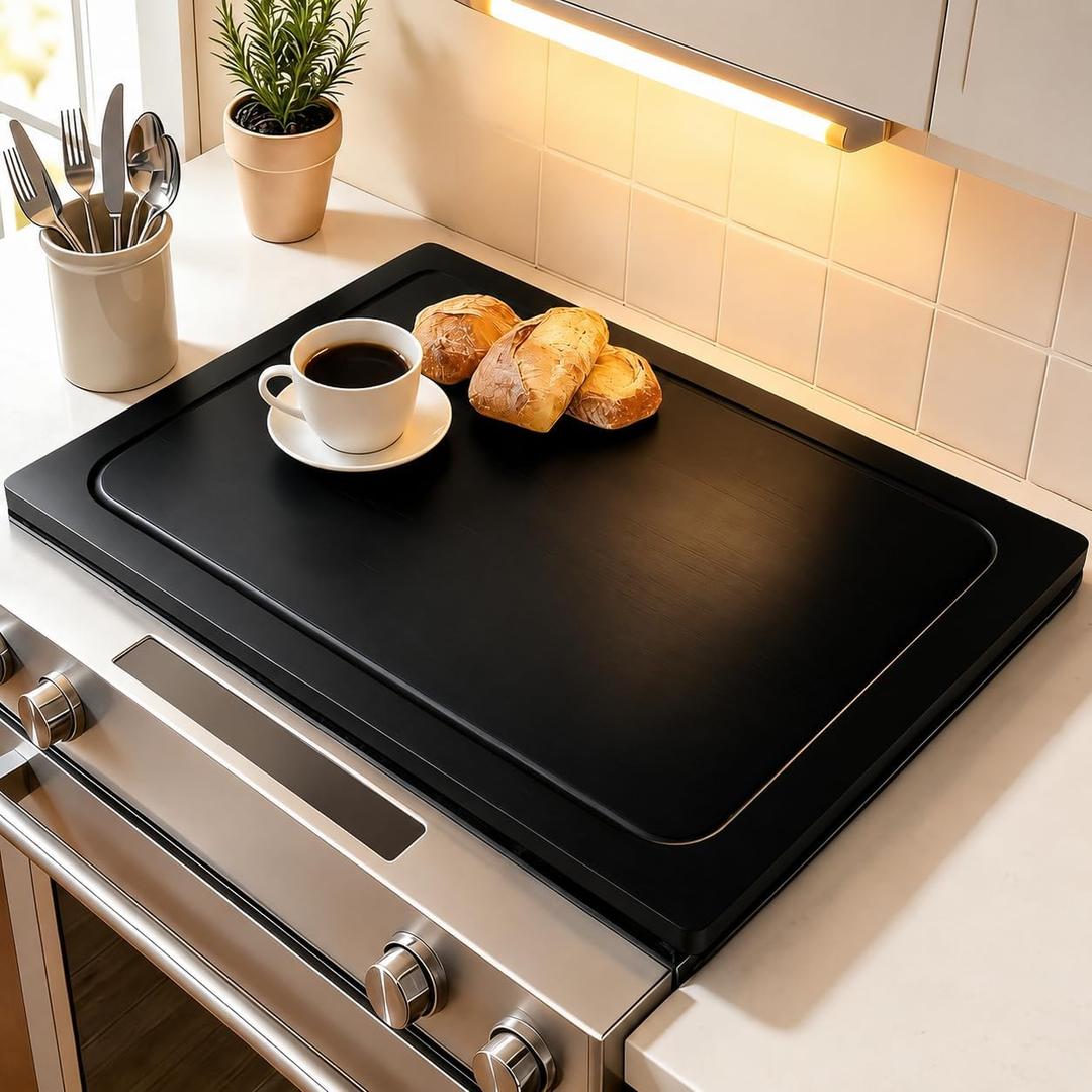 Wood Stove Cover for Electric Stove & Gas Range, 27.56" x 19.69" Black Lightweight Stovetop Cover with Built-In Handles, Juice Groove, Smooth Flat Surface for Extra Counter Space