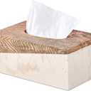 Rectangular Natural Travertine and Rustic Wood Textures Tissue Box Cover for Bathroom,Livingroom,Bedroom, Hand-Made Resin Wood Inlaid Travertine Tissue Box Holder,10 x 5.7 x 4.5 in (C-brown&beige)