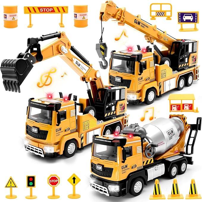 Vanvimen 6 Pcs Alloy Construction Truck Toys for 2 3 4 5 Year Old Boys, 9" Construction Vehicles with Light & Sound, Truck Toys for 1 2 3 Year Old Boys, Ideas 2 3 4 5 Year Old Boy Birthday Gifts