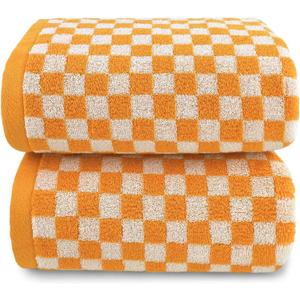 Jacquotha Orange Shower Towels for Bathroom Set of 2, Cotton Bath Towel Drying Body Hand Face Luxury 480 GSM Medium Thickness (Checkered)