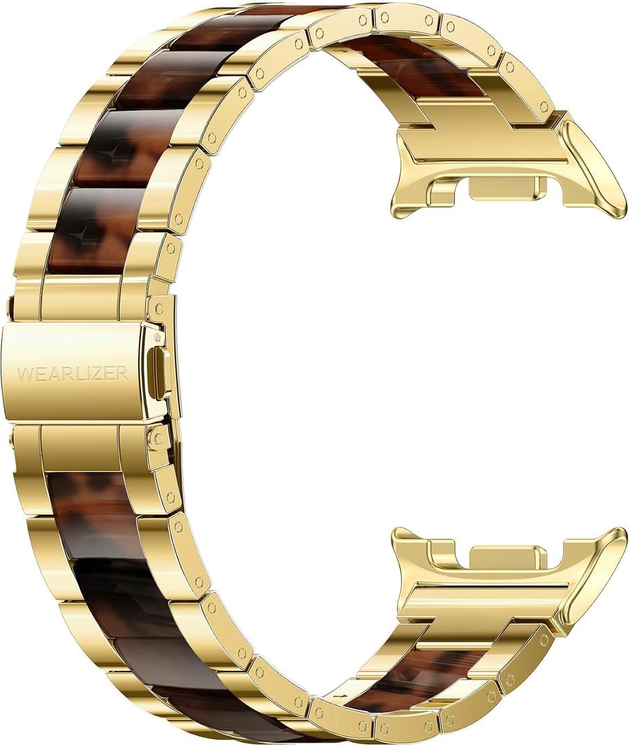 Wearlizer Stainless Steel Bands Compatible with Samsung Galaxy Watch 8 Band 40mm 44mm/Watch 8 Classic 46mm for Women Men, No Gap One-Click Dressy Metal Fashion Rose Gold Bracelet with Resin Inlay