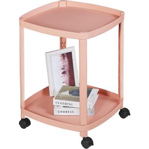 VECELO Rolling End Side Table with Lockable Wheels, 2‑Tier Plastic Mobile Sofa Side Table, Small Nightstand Storage Cart for Living Room Bedroom Bathroom, 1 PCS, Pink