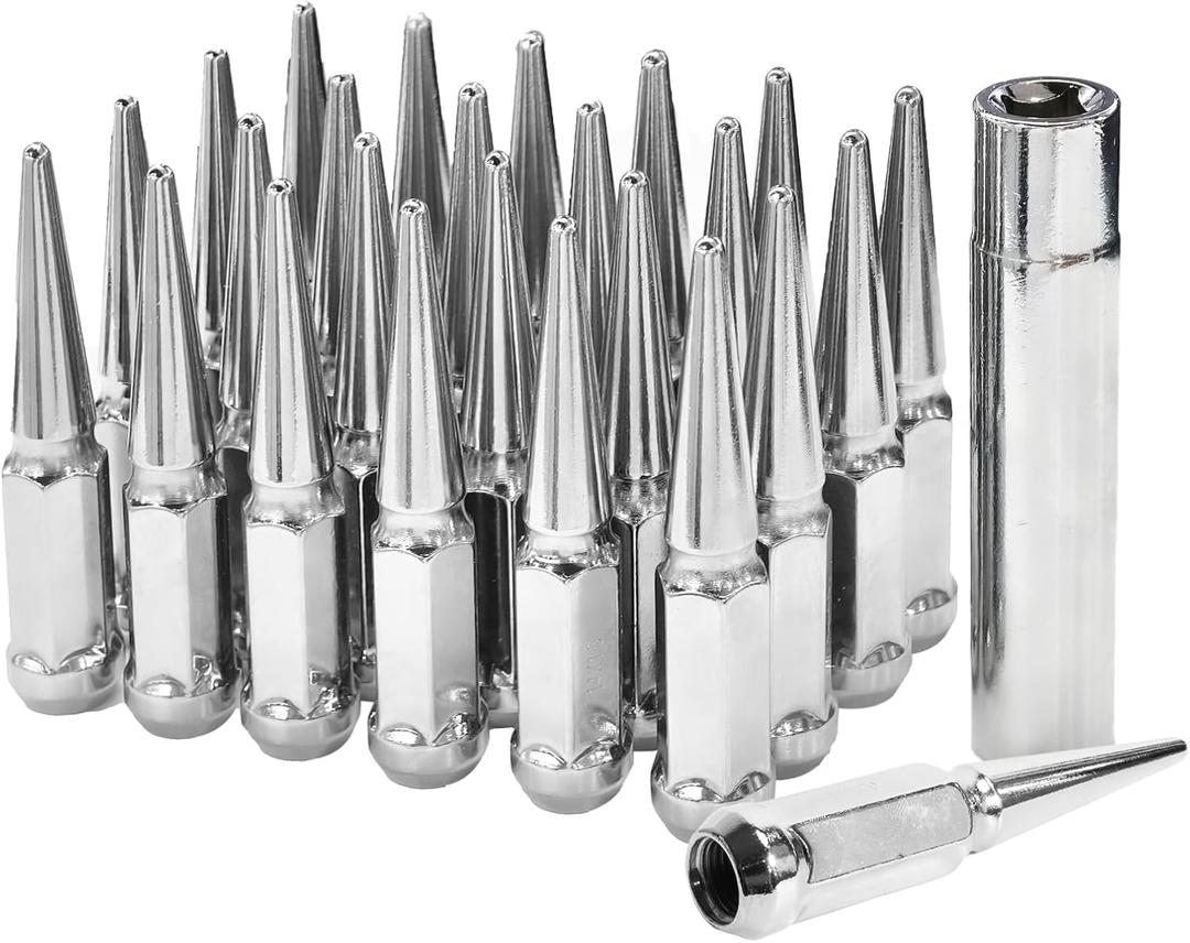 M14X1.5 Spike Lug Nuts - 24pcs OEM Wheel Lug Nuts Compatible with Grand Cherokee, Ram 1500, Tundra Sequoi, F-150, Expedition, Sierra 1500, Chrome Acorn Wheel Nuts with Socket Key (Silver)