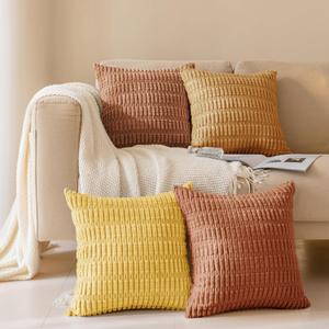 Softalker Fall Throw Pillow Covers 22x22 Inch, Set of 4, Corduroy Soft Striped Farmhouse Boho Pillow Cover, Modern Farmhouse Boho Autumn Home Decor for Living Room Bed Sofa, Orange/Rust