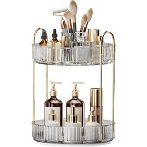 360 Rotating Makeup Organizer, Large-Capacity Skincare Make Up Storage 2 Tier Perfume Organizers Cosmetic Dresser Organizer with Makeup Brush Holder, Fits Bedroom, Bathroom, Vanity Shelf Countertop (Transparent)