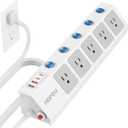 Flat Plug Power Strip with Individual Switches, 10 Ft Ultra Thin Flat Extension Cord, 5-Outlet Surge Protector with 2 USB-C (20W PD) & 2 USB-A, 1700 Joules, Wall Mount for Home Office, White