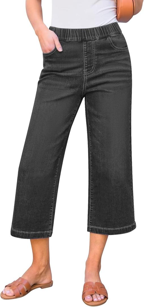 GRAPENT Capri Jeans for Women Wide Leg High Waisted Effortless Flow Pull On Stretchy Denim Elastic Waist Pants with Pockets (Large, Washed Black)