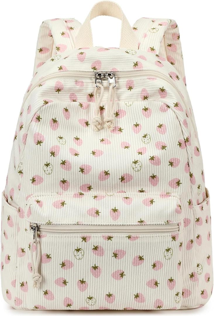 Bluboon Mini Backpacks for Girls 13" Toddler Backpack Purse School Bookbag Kawaii Backpack Women (Corduroy Beige Strawberry-pink)