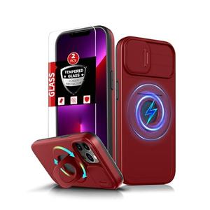 FRLMOOES for iPhone 13 Pro Max Case Magnetic Compatible with MagSafe Wireless Charging,with 2 Screen Protectors,Built-in Kickstand Ring+Camera Cover Anti-Scratch Shockproof Heavy Duty Protection Red