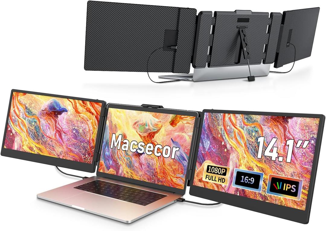 Macsecor 14.1'' Laptop Screen Extender, 1080P FHD Triple Portable Monitor for Laptop USB C HDMI, Plug-Play Laptop Monitor Extender for 13''-17'' Laptops, for Mac/Wins/Android/Switch