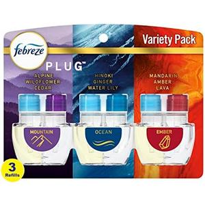 Febreze Plug In Air Freshener, Odor-Fighting Scented Oil Refill, Air Fresheners for Home and Bathroom and Kitchen, Long Lasting for Strong Odors, Moutain/Ocean/Ember Mix, 0.87oz Refills, 3 Count