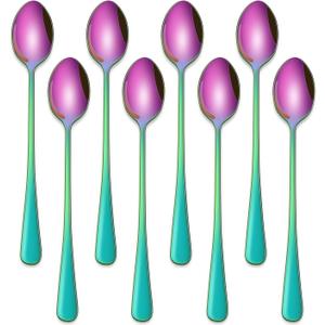 7.5 Inches Rainbow Stainless Steel Ice Tea Spoon,Set Of 8 Long Handle Coffee Stirring Spoons,Multicolored Sundae Spoons,Colorful Cocktail Mixing Spoon