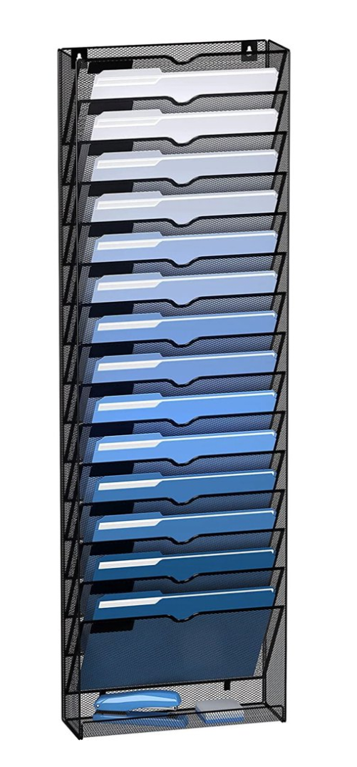 Wall File Holder 16 Tier Hanging Wall File Organizer, for Papers Mails Folders Clipboard Magazine Organization, for Office Home, Mesh Metal, Black