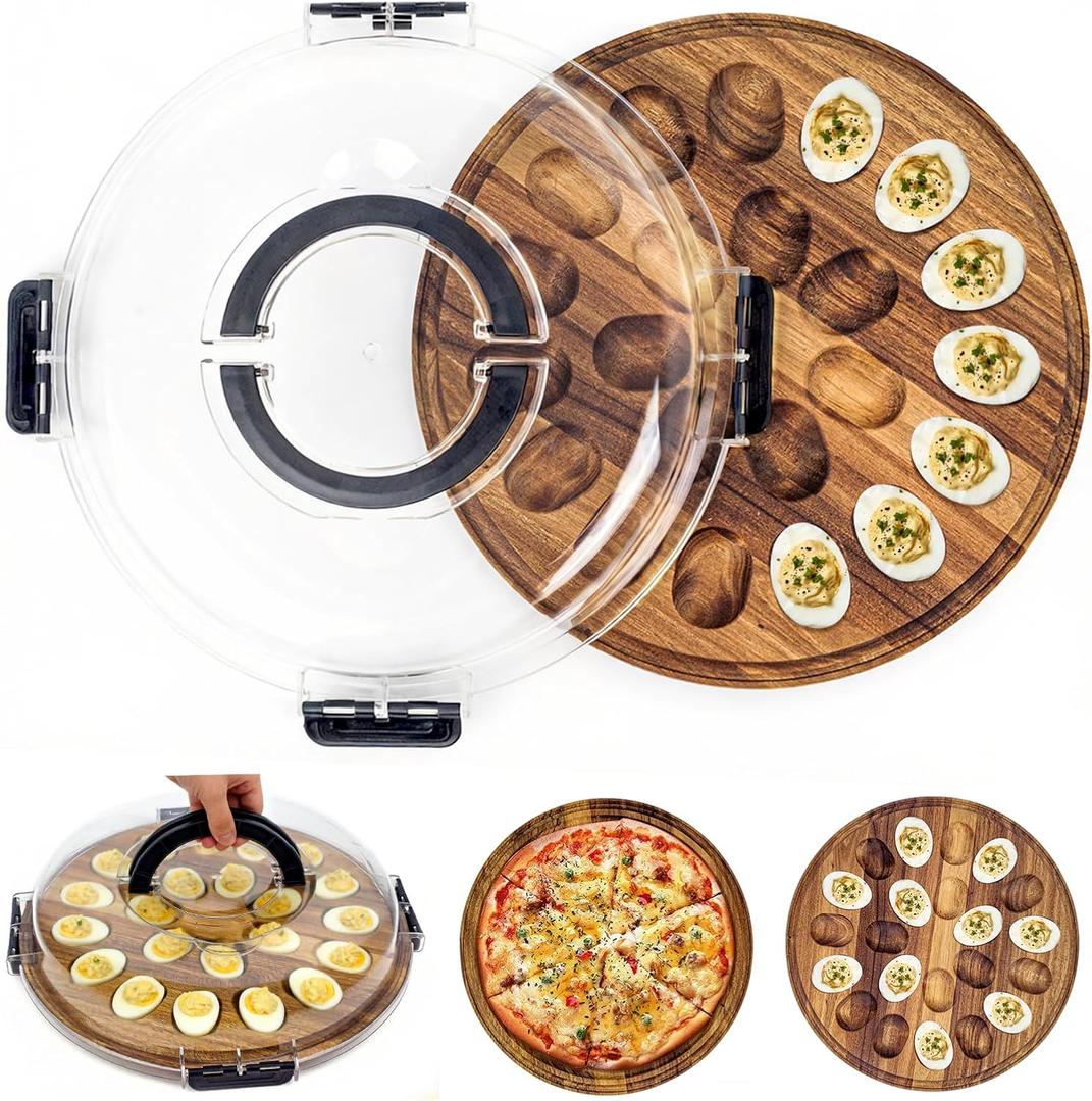 YESGIRL Upgraded Wooden Deviled Egg Containers with Lids - 22-Cup Deviled Egg Tray - Dishwasher Safe, Acacia Wood & Eco-Friendly Design, Perfect for Parties, Events, and Picnics