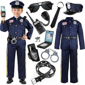Police Officer Costume for Kids, Cop Costume Outfit Set with Toy Accessories, Halloween Costumes for Boys (M(5-7Y), 10pcs Police Costume Kit (Silver Cap))