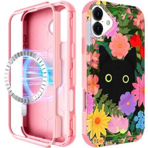 for iPhone 16 Plus Case - Compatible with MagSafe Women Girls Cute Magnetic Plustective Phone Cover Cat Flower Fashion Heavy Duty ShockPlusof Funda for Apple 16 Plus Cases