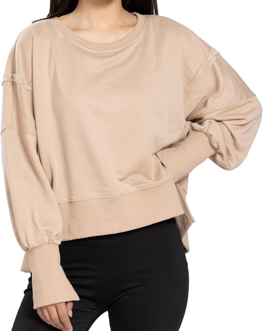 Womens Crewneck Sweatshirts Cropped Long Sleeve Tops Oversize Loose Fit Tee Side Slit Pullover Tshirt (Beige, XL)
