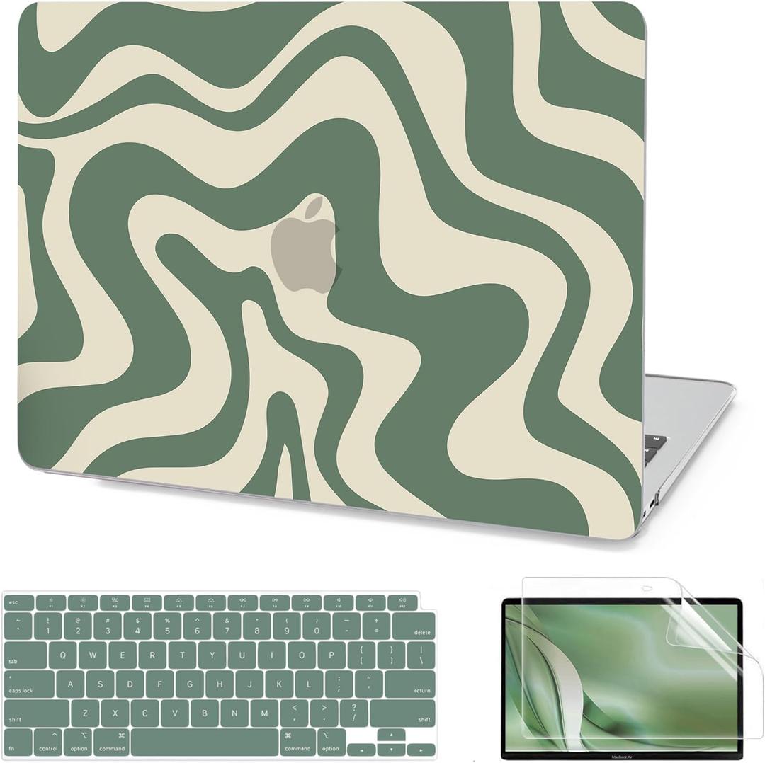 AKIT Compatible with MacBook Air 13 Inch Case M1 2022 2021 2020 2019 2018 A2337 A2179 A1932, Unique Pattern Hard Shell Laptop Case+Screen Protector+Keyboard Cover for MacBook Air 13.3 Inch, Green Wave