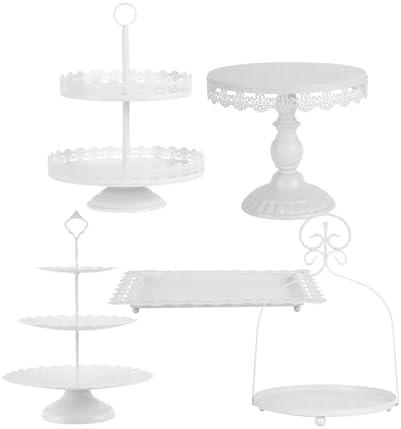 ZUMELER 5Pcs White Cake Stands Set Metal Cupcake Holder Cookies Dessert Display Plate Serving Tower Tray Platter with Handl for Baby Shower Wedding Birthday Party Celebration