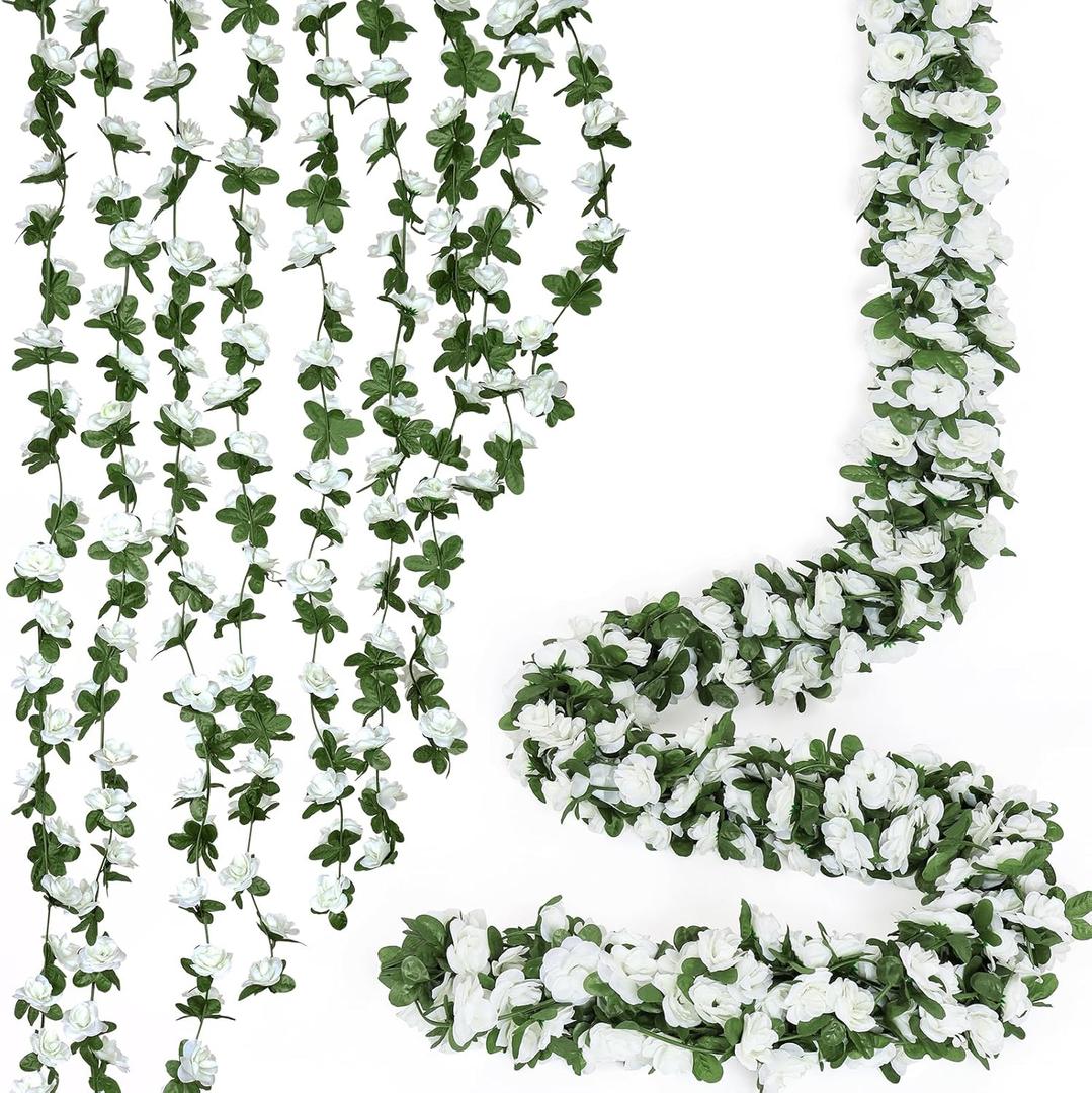 KHOYIME 18 Pack 144 FT Artificial Flower Garland, Fake Red Roses Vines Silk Flowers Faux Plastic Outdoor Hanging Floral Ivy Garland Decoration for Wedding Arch Bedroom Home Wall Backdrop Room Decor (White)