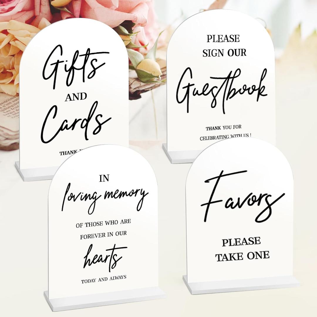 4pcs Acrylic Wedding Signs for Ceremony and Reception, 5x7 Inch White Wedding Signage, Guest Book Sign, Cards and Gifts Sign, Please Take One Sign, In Loving Memory Sign, Wedding Reception Decor