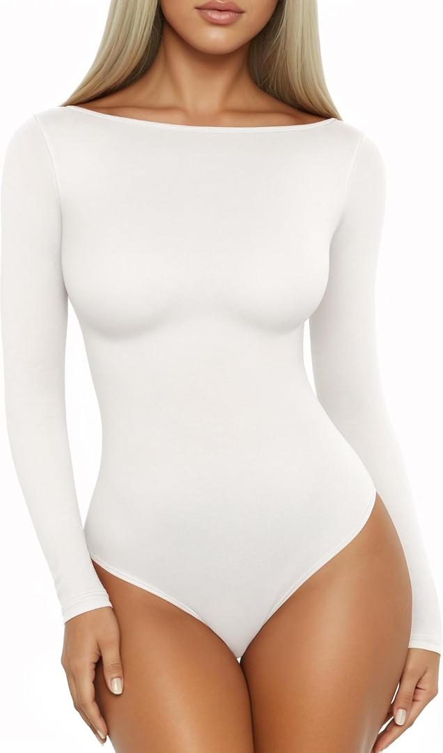 MANGOPOP Women's Boat Neck Long Sleeve Bodysuit Basic Thong Body Suit Fall Going Out Tops 2025, White, Small