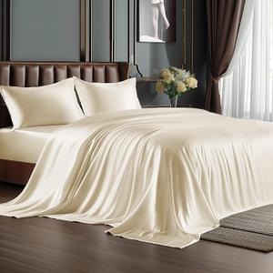 BEDELITE King Size Sheets Set, Luxury Soft Beige Satin Sheets for Hair and Skin, Similar to Silk Bed Sheets Set 4 Pieces with 1 Deep Pocket Fitted Sheet, 1 Flat Sheet, and 2 Pillowcases