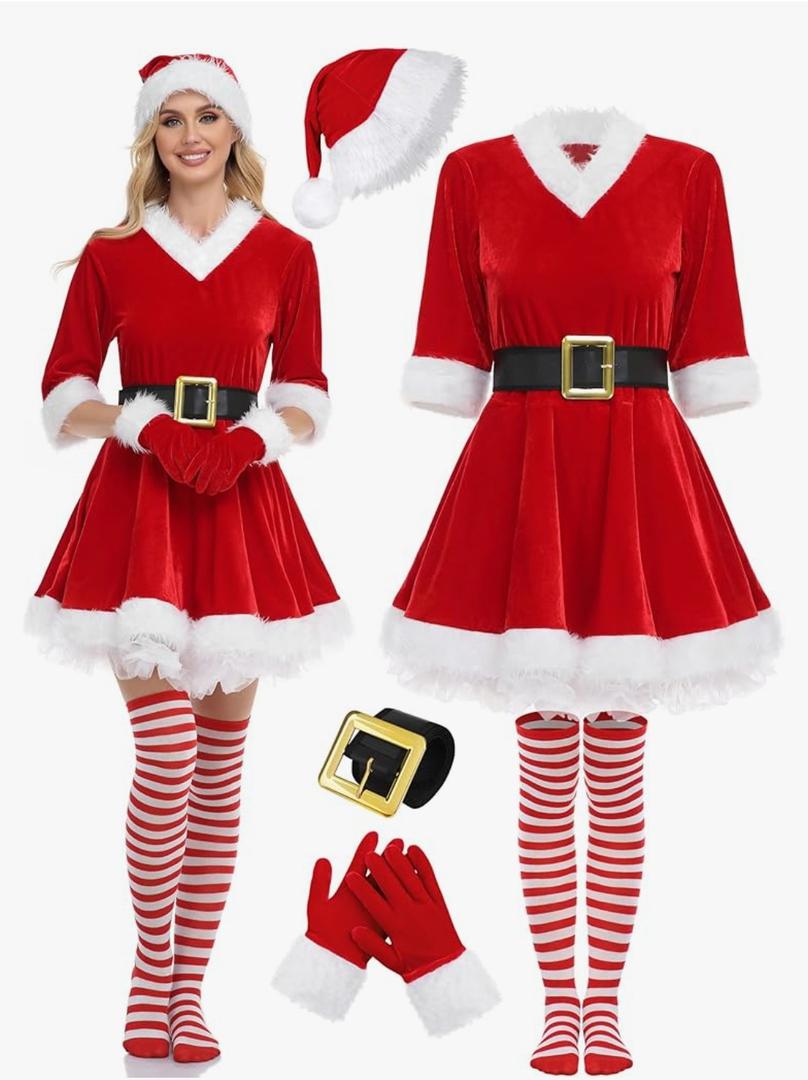 SOMSOC 5 Pack Women Mrs Claus Christmas Costume Set Velvet Dress with Belt Striped Over Knee High Socks Santa Hat Gloves, Size L