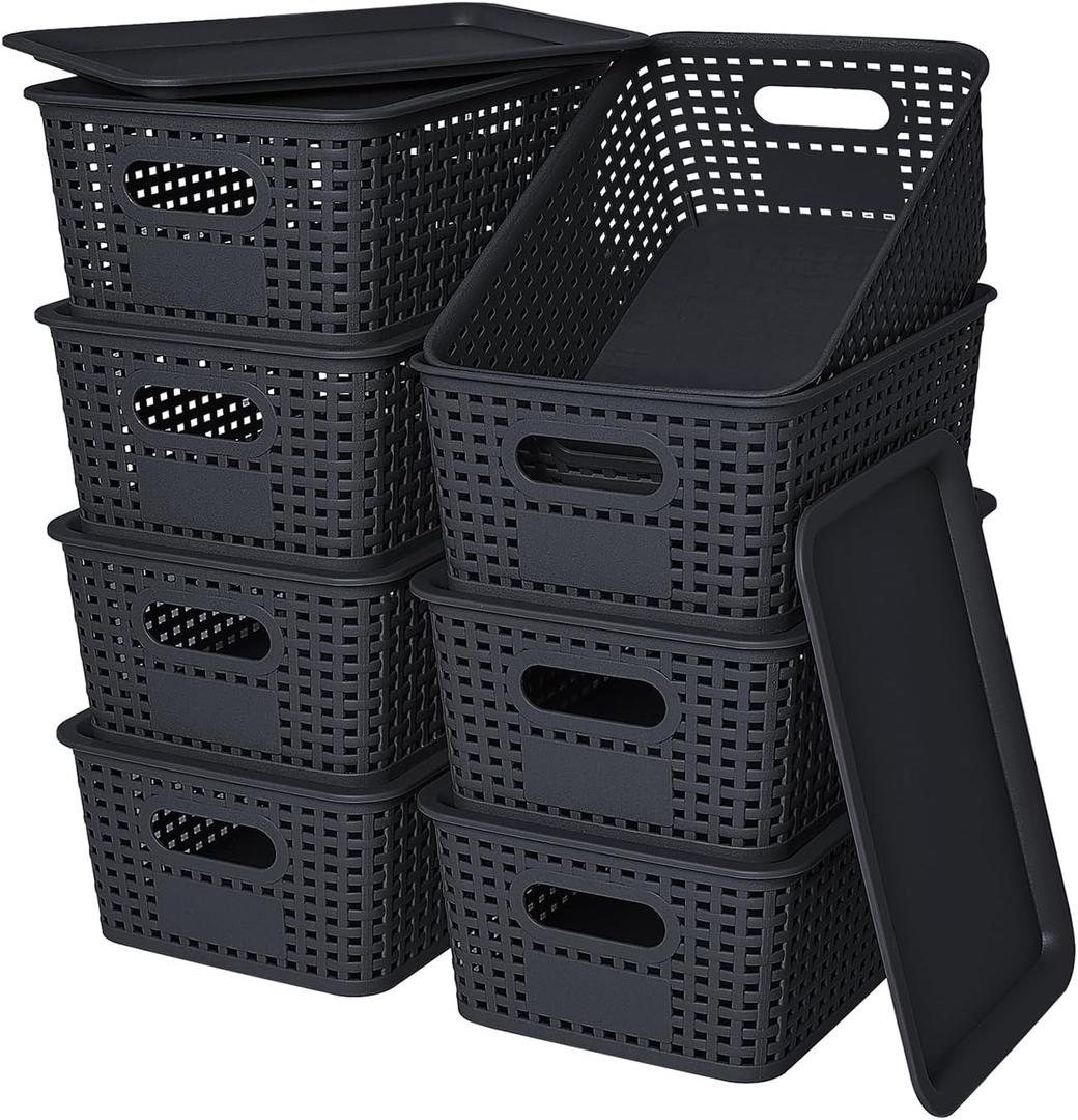 Plastic Storage Baskets with Lid-Plastic Storage Containers Stackable Storage bins: Storage Baskets for Organizing Shelves Drawers Desktop Closet Playroom Classroom Office, 8Pack-Black10.2x7.2x4.1Inch 