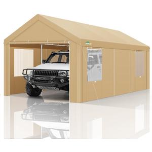 COBIZI Carport Canopy 12x20 Heavy Duty Portable Garage with Roll-Up Ventilation Windows & Doors, Removable Sidewalls Car Canopy Tent Waterproof with Built-in Sandbags for Cars, Boats, Trucks, Khaki