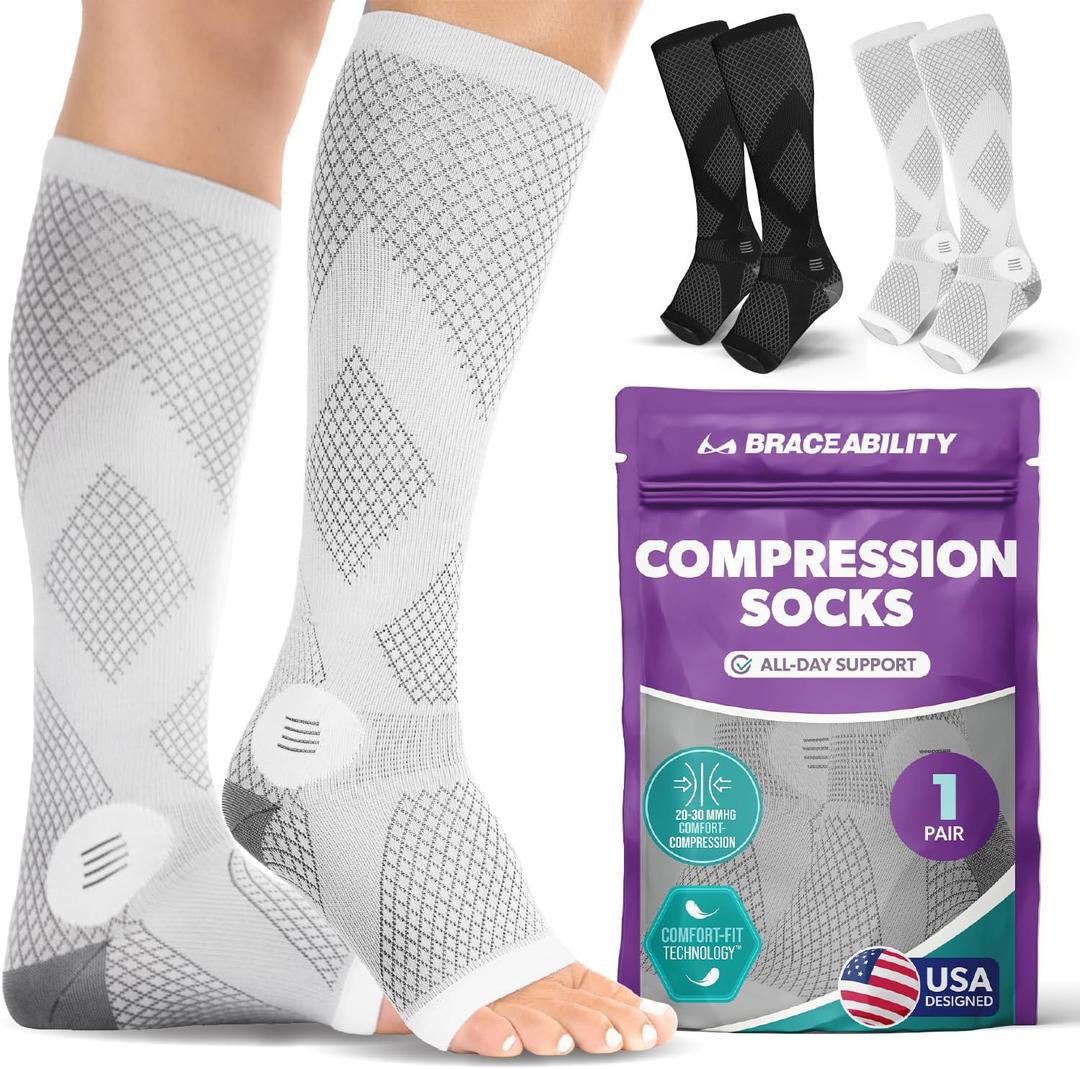BraceAbility Compression Socks for Circulation - 20-30 mmHg Knee High Neuropathy Open Toe Stockings for Varicose Veins, Running, Shin Splints, Toeless Support for Men or Women - 1 Pair (M - Gray)