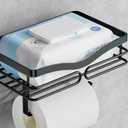 Simple Toilet Paper Holder with Shelf - Toilet Roll Holder Self Adheisve&Wall Mounted Bathroom Organizer Decor for Wipes&Reading, Metal Black