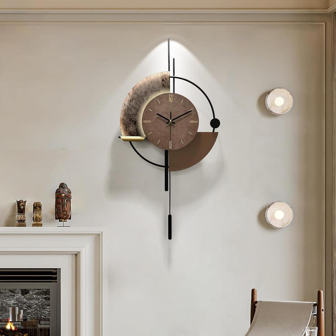 Decorative Pendulum Modern Wall Clock,Sound-Activated Glow，Non Ticking，Large Unique Wall Clocks for Living Room Corridor Kitchen Office Black and Brown，29*19
