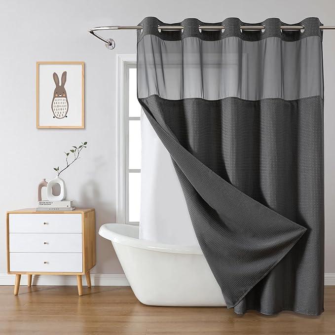 eachope Charcoal Grey No Hook Waffle Weave Shower Curtain with snap-in Liner Replacement, 230GSM Waterproof Fabric Hotel Shower Curtain Set for Bathroom, Through Mesh Top Window,71Wx74H