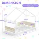 Timy House Shape Twin Size Montessori House Bed Metal Floor Bed with Storage Rack and Caddy Twin Bedframe for Kids No Box Spring Needed White, Shelf 