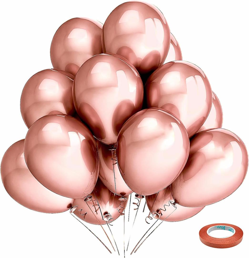 Bezente Rose Gold Metallic Chrome Balloons, 100 Pack 12 inch Rose Gold Latex Round Helium Balloons for Wedding Anniversary Baby Shower Birthday Party Decorations