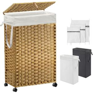 70L Slim Laundry Hamper with Lid & Wheels, Rolling Laundry Basket with 2 Removable Liner Bags & 3 Mesh Bags, Narrow Dirty Clothes Basket, Foldable Handwoven Rattan Laundry Sorter, Natural