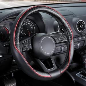 SEG Direct Car Steering Wheel Cover Universal Standard Size 14 1/2"-15" Leather with Carbon Fiber Pattern Black and Red