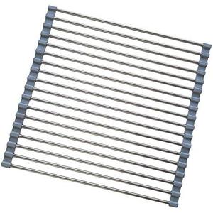 D DrNeeko Roll Up Dish Drying Rack, Stainless Steel and Silicone Dish Drying Mat Over The Sink Foldable Drain Rack Multipurpose Dish Drainer for Kitchen, 14.5” x 14”, Gray
