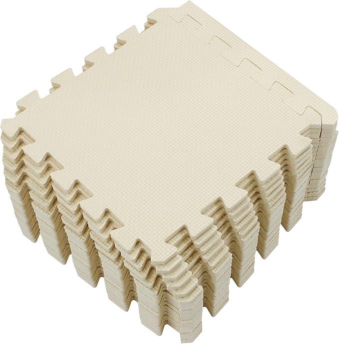 18 Tiles Interlocking Puzzle Foam Baby Play Mat with Straight Edges for Playing - EVA Babies Crawling Mat | Rubber Floor Work Out Mats for Home Gym, Beige