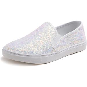 FEVERSOLE Women's Fashion Slip-On Sneaker Casual Flat Loafers (9, White Glitter)