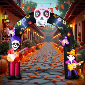DomKom Halloween Inflatable Blow Up Decorations Archway, Dia de Los Muertos 8FT Day of Dead Arch with Skull Skeleton, Built-in LEDs for Holiday Party, Garden, Lawn, Yard, Patio Dcor
