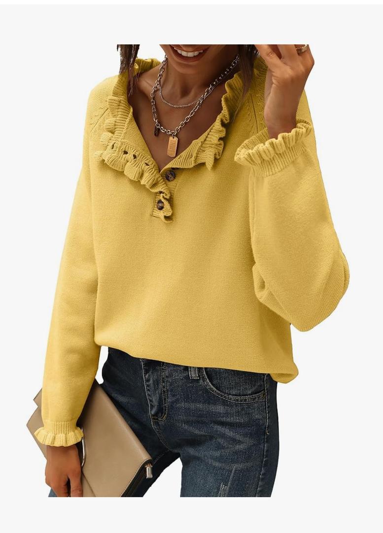 BTFBM Womens Sweaters Fall Winter Clothes 2025 Long Sleeve Button Down Ruffle Crew Neck Casual Knitted Pullover Tops, Medium