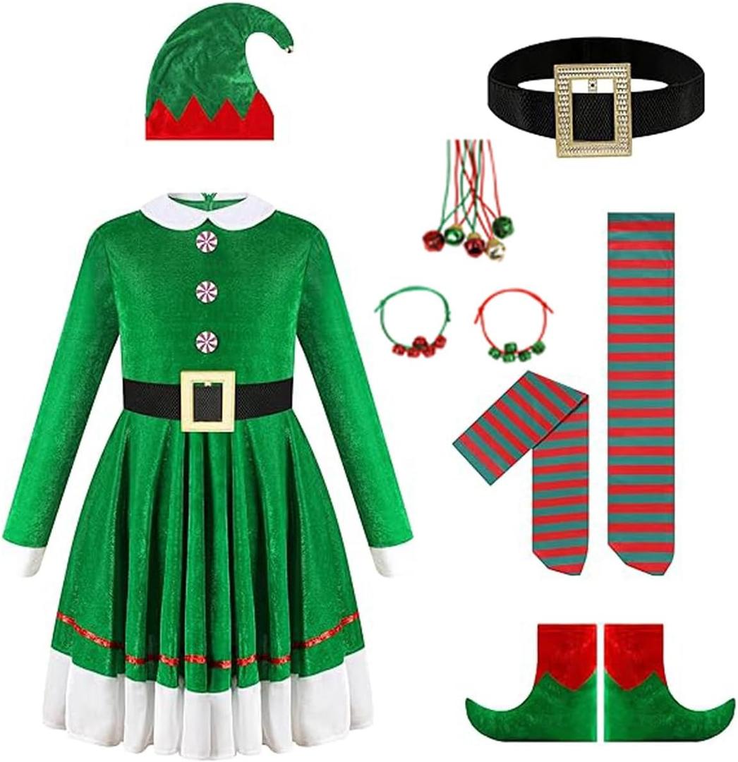 Elf Costume Christmas Jacket Belt Pants Holiday Green Party Outfits for Adults Couples Elf Costume for Women (Large)