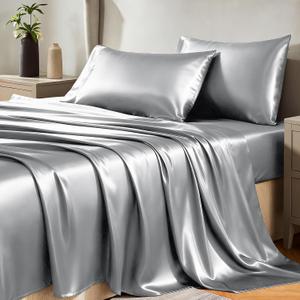 CozyLux Satin Sheets Cal King Sheet Set - 4 Piece Silky California King Sheets, Luxury Light Grey Bed Sheet Set with Smooth and Soft Microfiber, Includes 1 Fitted Sheet, 1 Flat Sheet and 2 Pillowcases