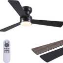 Asyko Ceiling Fans with Lights, 46" Low Profile Ceiling Fan with Light and Remote Control, Flush Mount, Reversible, Dimmable, Noiseless, Black Ceiling Fan for Bedroom